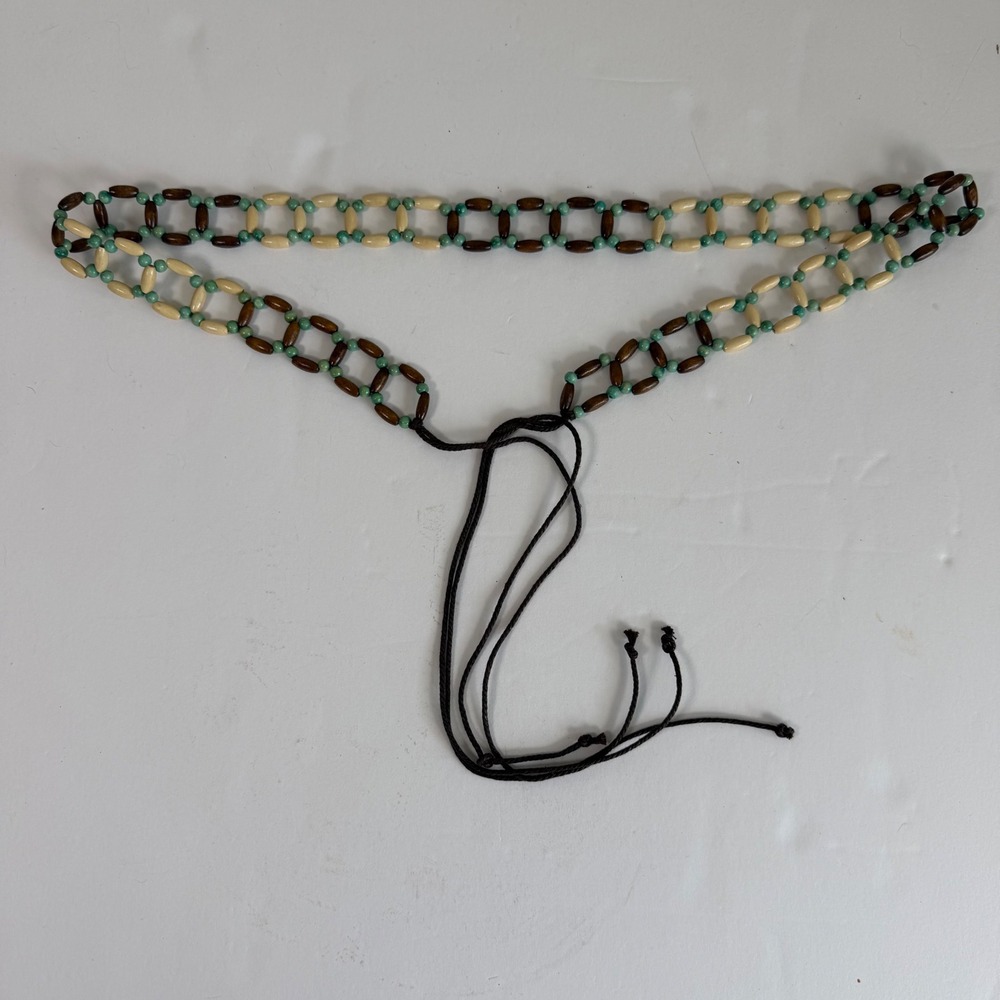 Boho Wood Beaded Tie Waist Belt Brown Cream Turquoise Western Festival Hippie